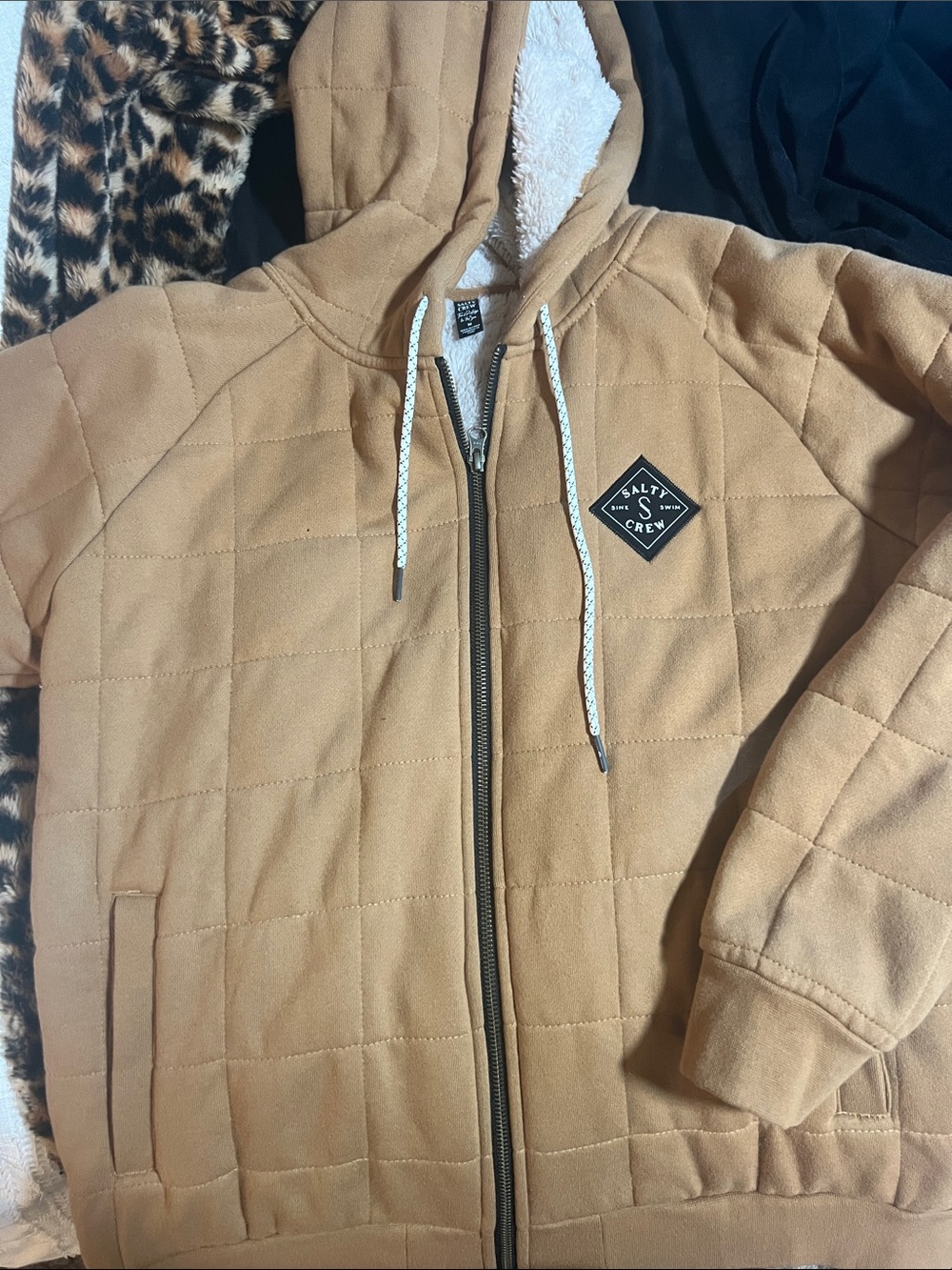 Salt Life Quilted Hooded Zip Jacket in Camel Brown